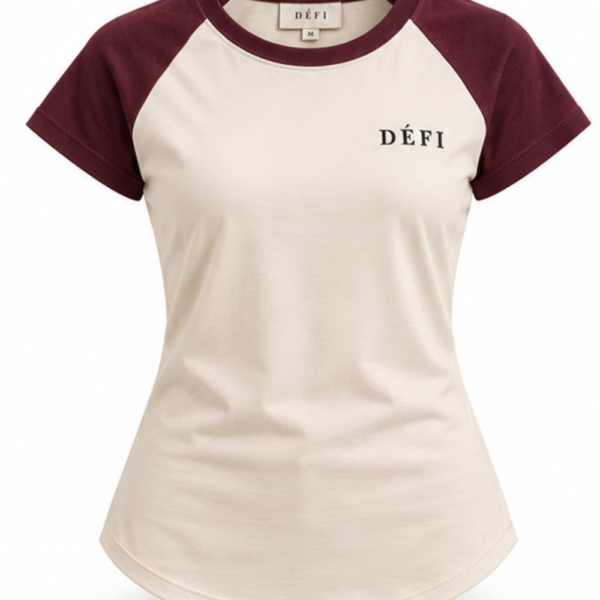 Défi Ballpark men's raglan T-shirt in cream white and deep burgundy, front view