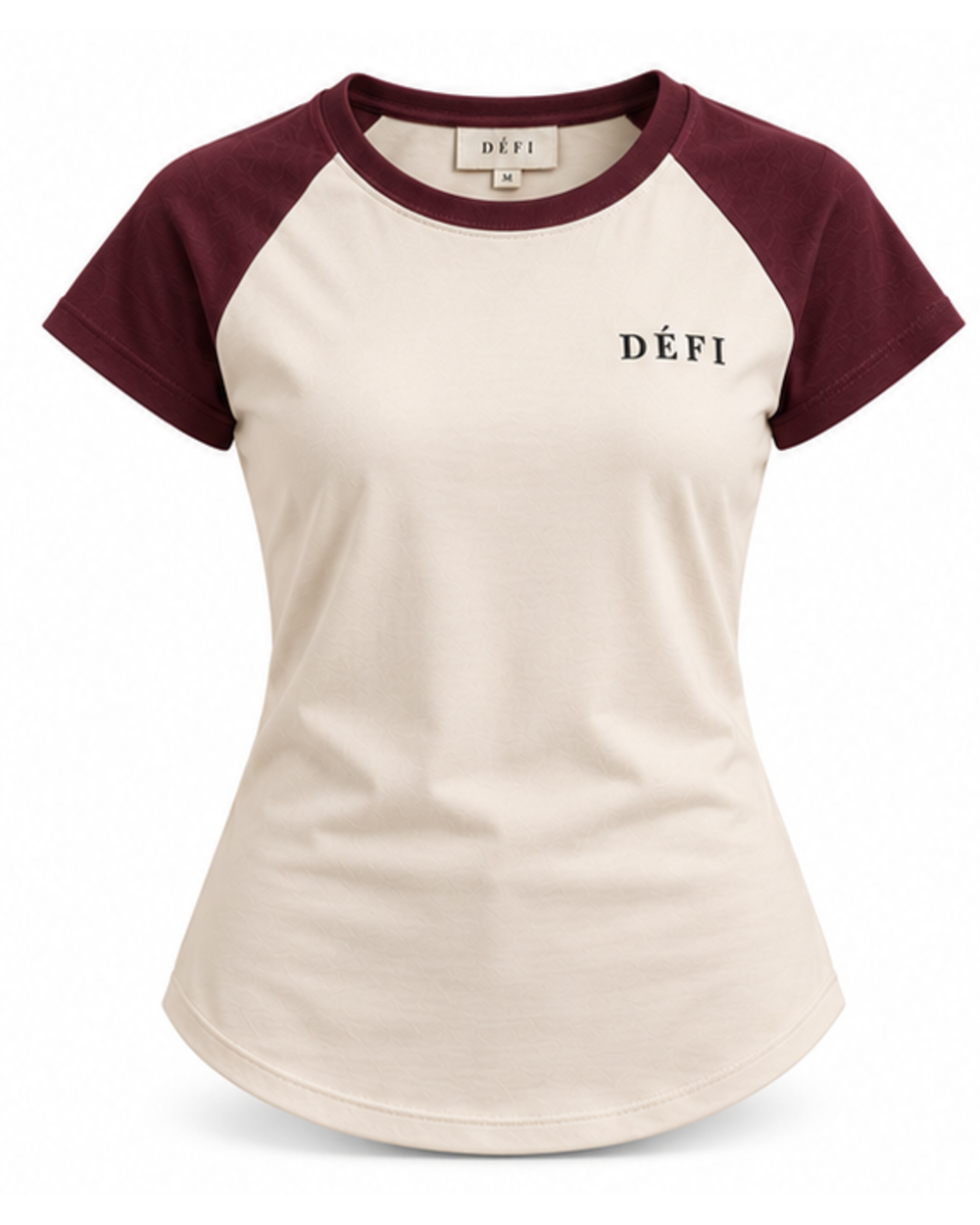 Défi Ballpark men's raglan T-shirt in cream white and deep burgundy, front view