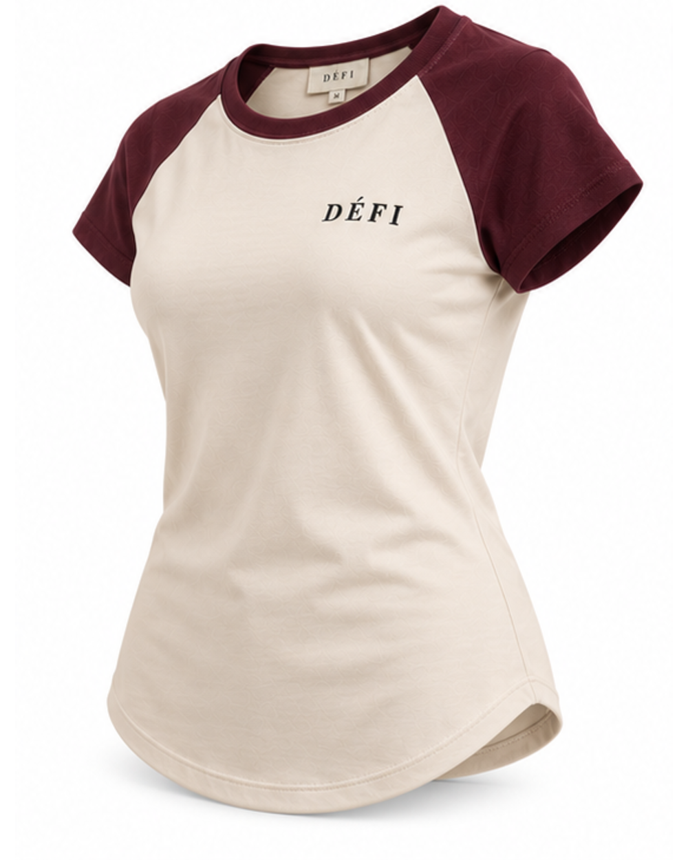 Défi Ballpark men's raglan T-shirt in cream white and deep burgundy, angled side view