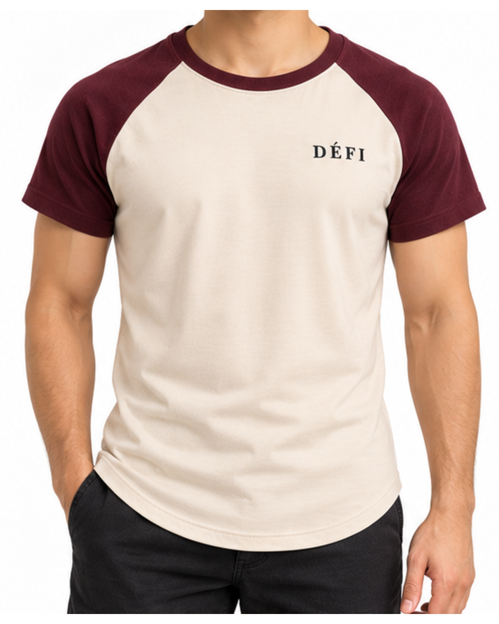 Défi Ballpark men's raglan T-shirt in cream white and deep burgundy, front fit view