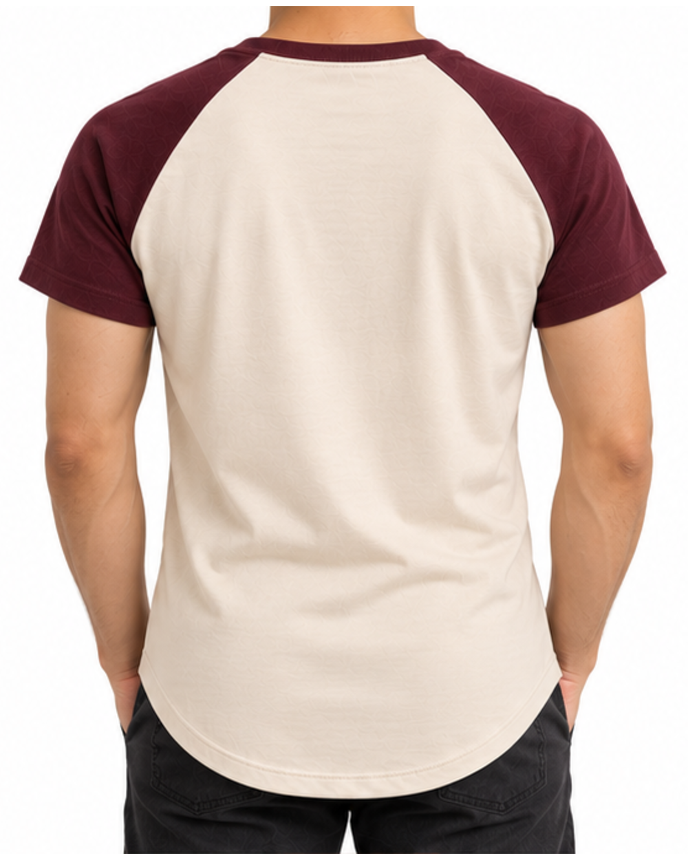 Défi Ballpark men's raglan T-shirt in cream white and deep burgundy, back fit view