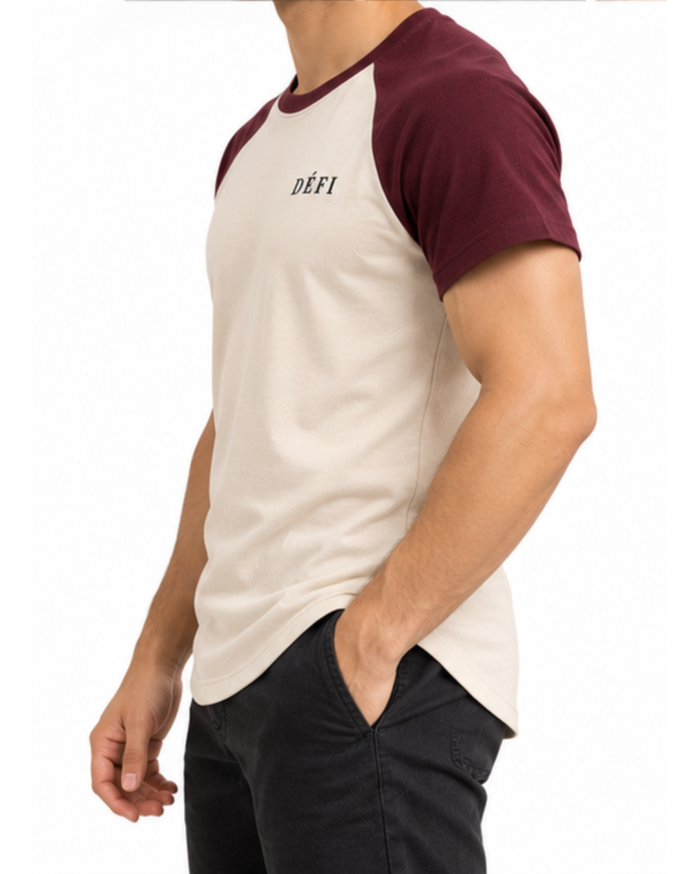 Défi Ballpark men's raglan T-shirt in cream white and deep burgundy, side fit view