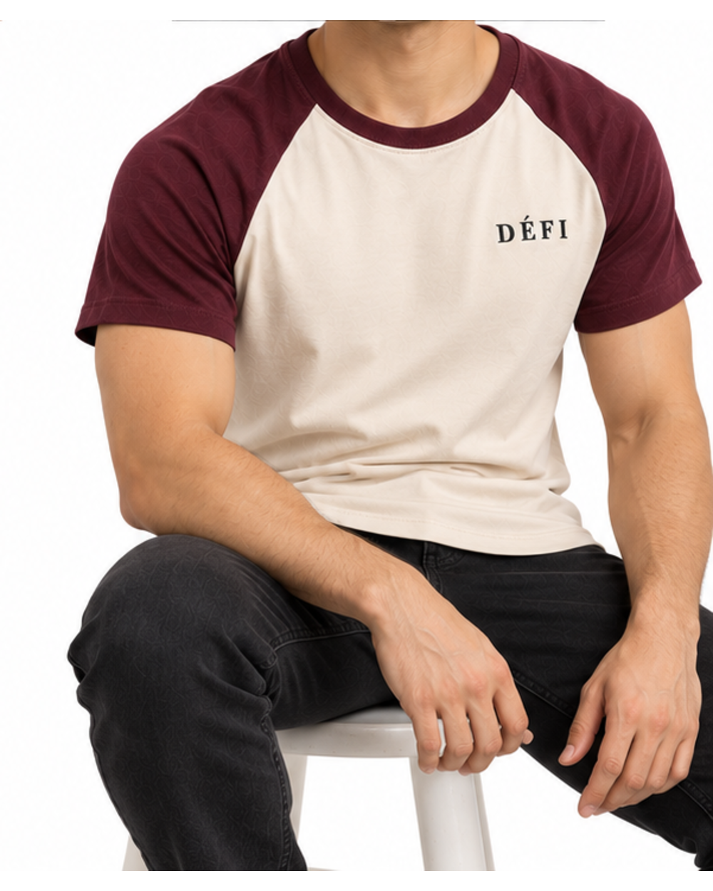 Défi Ballpark men's raglan T-shirt in cream white and deep burgundy, fit view, second angle
