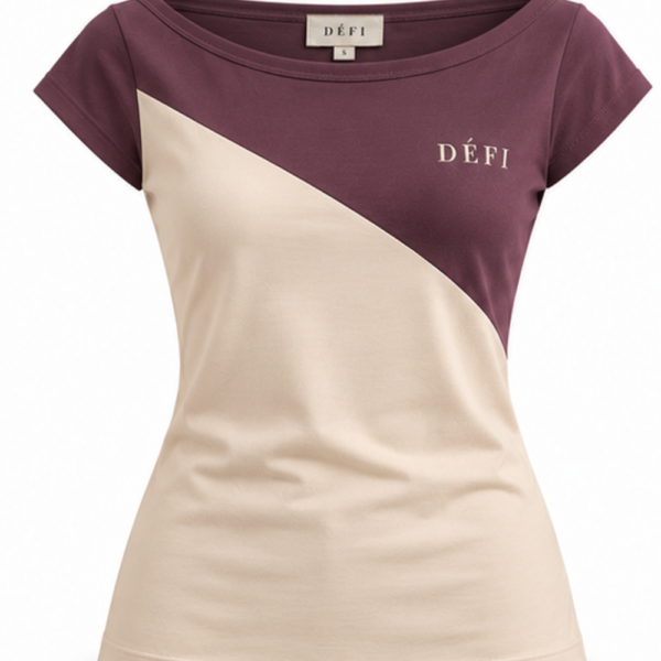 Défi Deckside women's boat neck T-shirt in midnight plum and soft champagne beige, front view