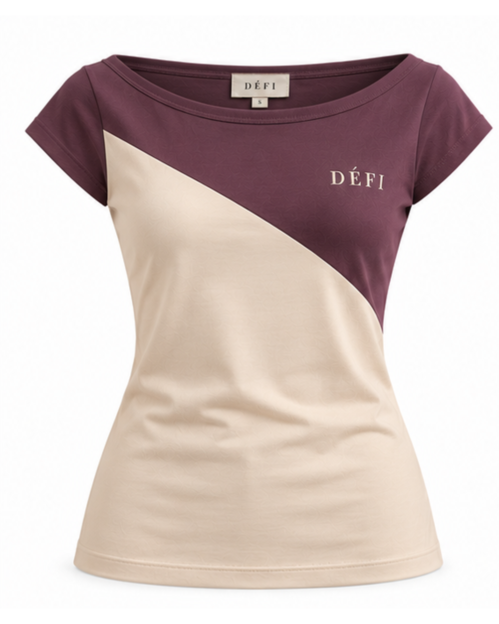 Défi Deckside women's boat neck T-shirt in midnight plum and soft champagne beige, front view