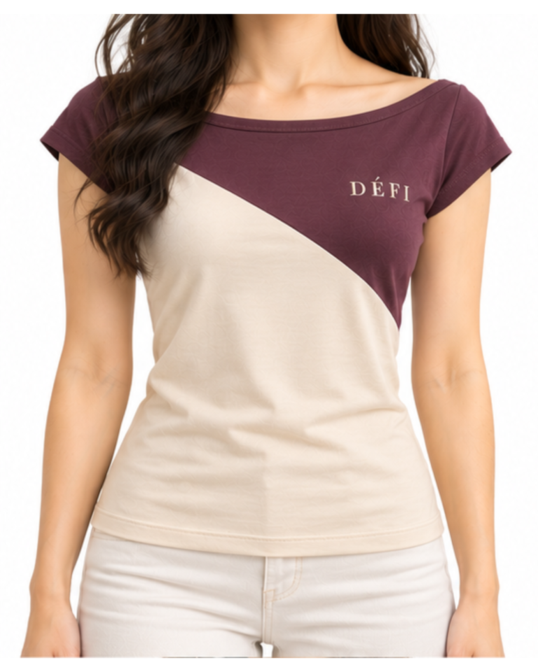 Défi Deckside women's boat neck T-shirt in midnight plum and soft champagne beige, front fit view
