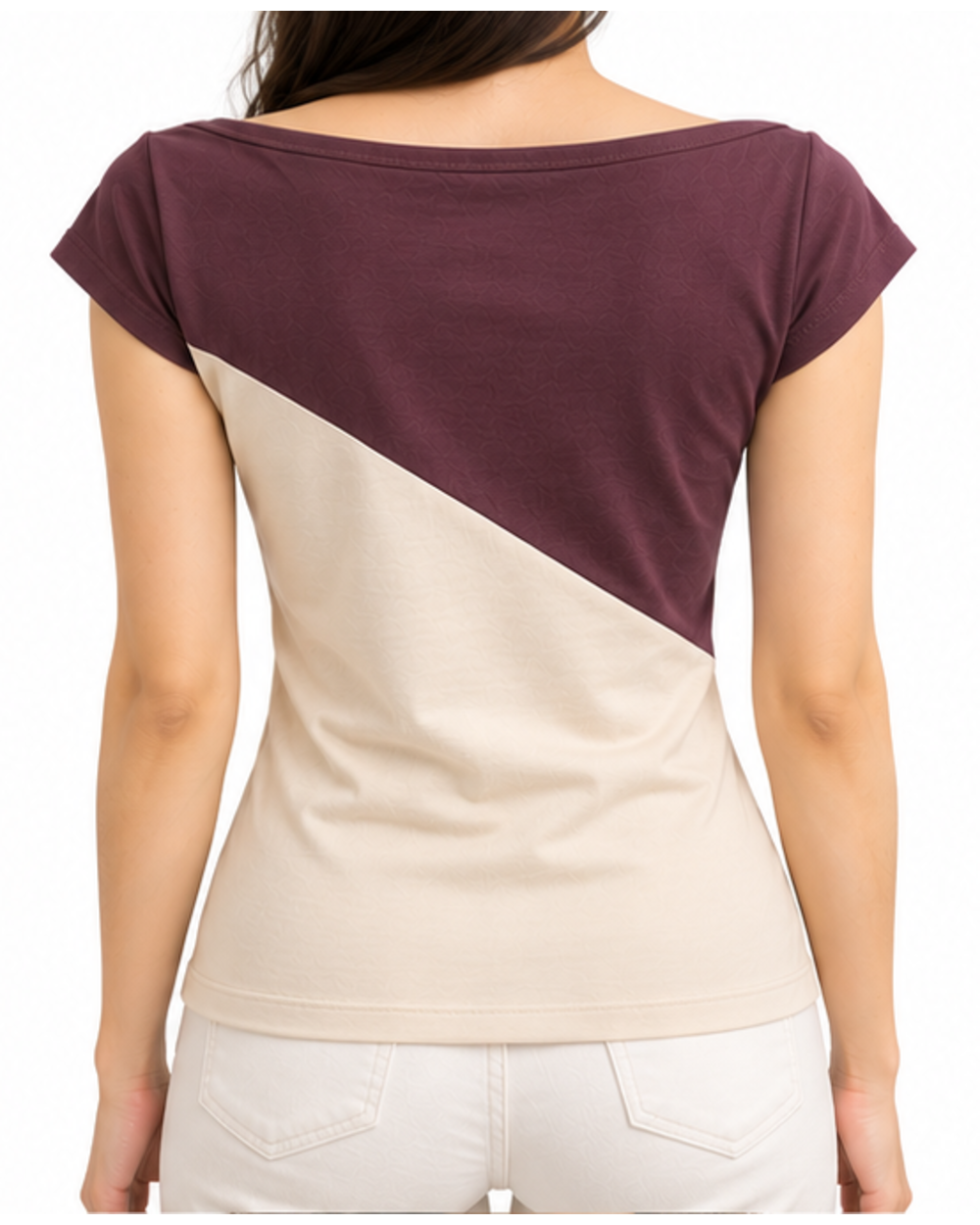 Défi Deckside women's boat neck T-shirt in midnight plum and soft champagne beige, back fit view