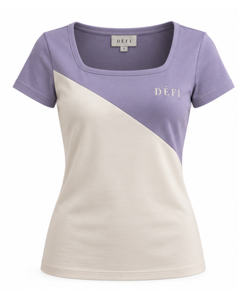 Défi Frame women's square neck T-shirt in soft lavender and pearl white, front view