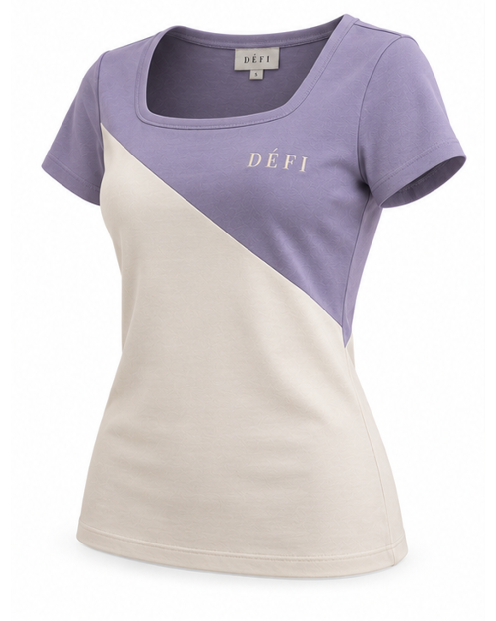 Défi Frame women's square neck T-shirt in soft lavender and pearl white, angled side view