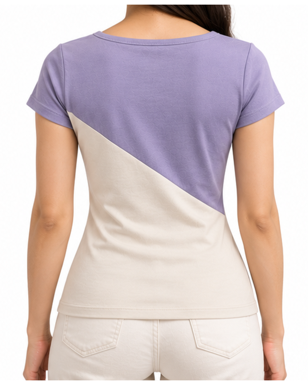 Défi Frame women's square neck T-shirt in soft lavender and pearl white, back fit view
