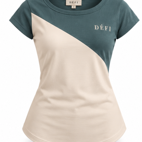 Défi Low Arc women's curved hem T-shirt in dusty teal green and soft ivory, front view