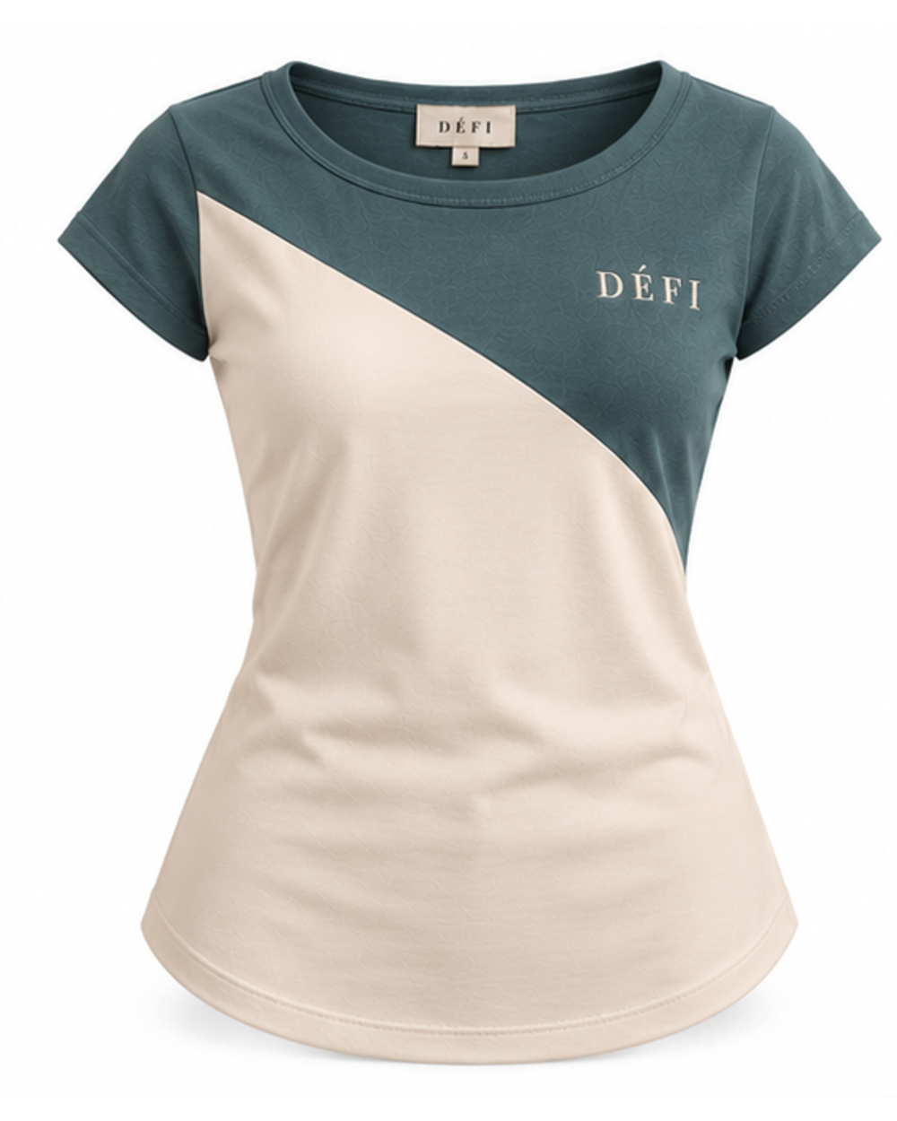 Défi Low Arc women's curved hem T-shirt in dusty teal green and soft ivory, front view