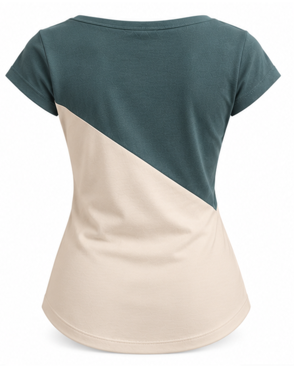 Défi Low Arc women's curved hem T-shirt in dusty teal green and soft ivory, back view