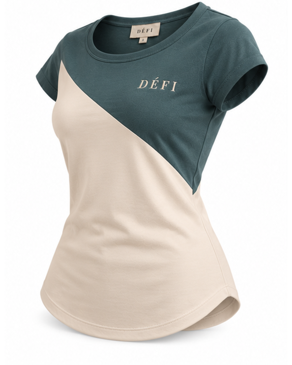Défi Low Arc women's curved hem T-shirt in dusty teal green and soft ivory, angled side view
