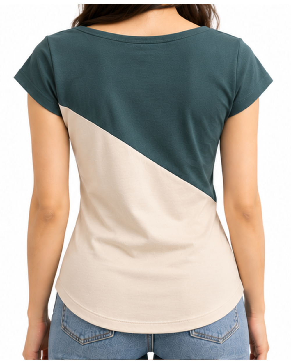 Défi Low Arc women's curved hem T-shirt in dusty teal green and soft ivory, back fit view