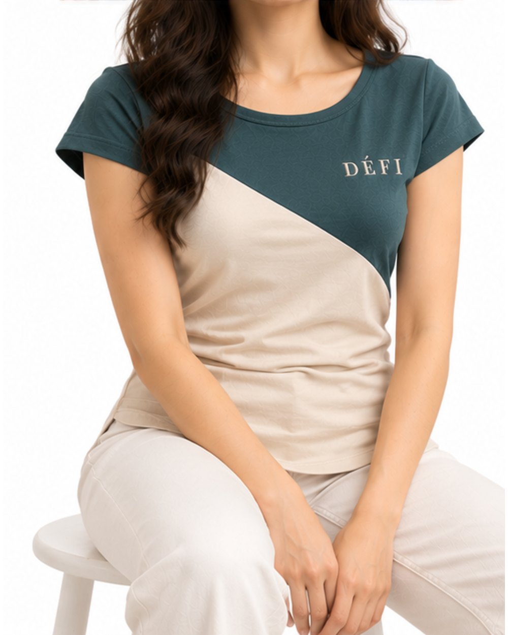 Défi Low Arc women's curved hem T-shirt in dusty teal green and soft ivory, fit view, second angle