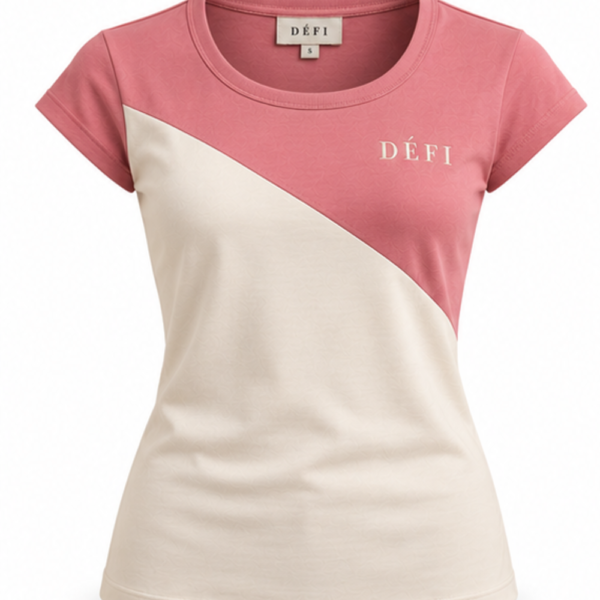 Défi Petal women's cap sleeve T-shirt in dusty coral pink and warm cream, front view