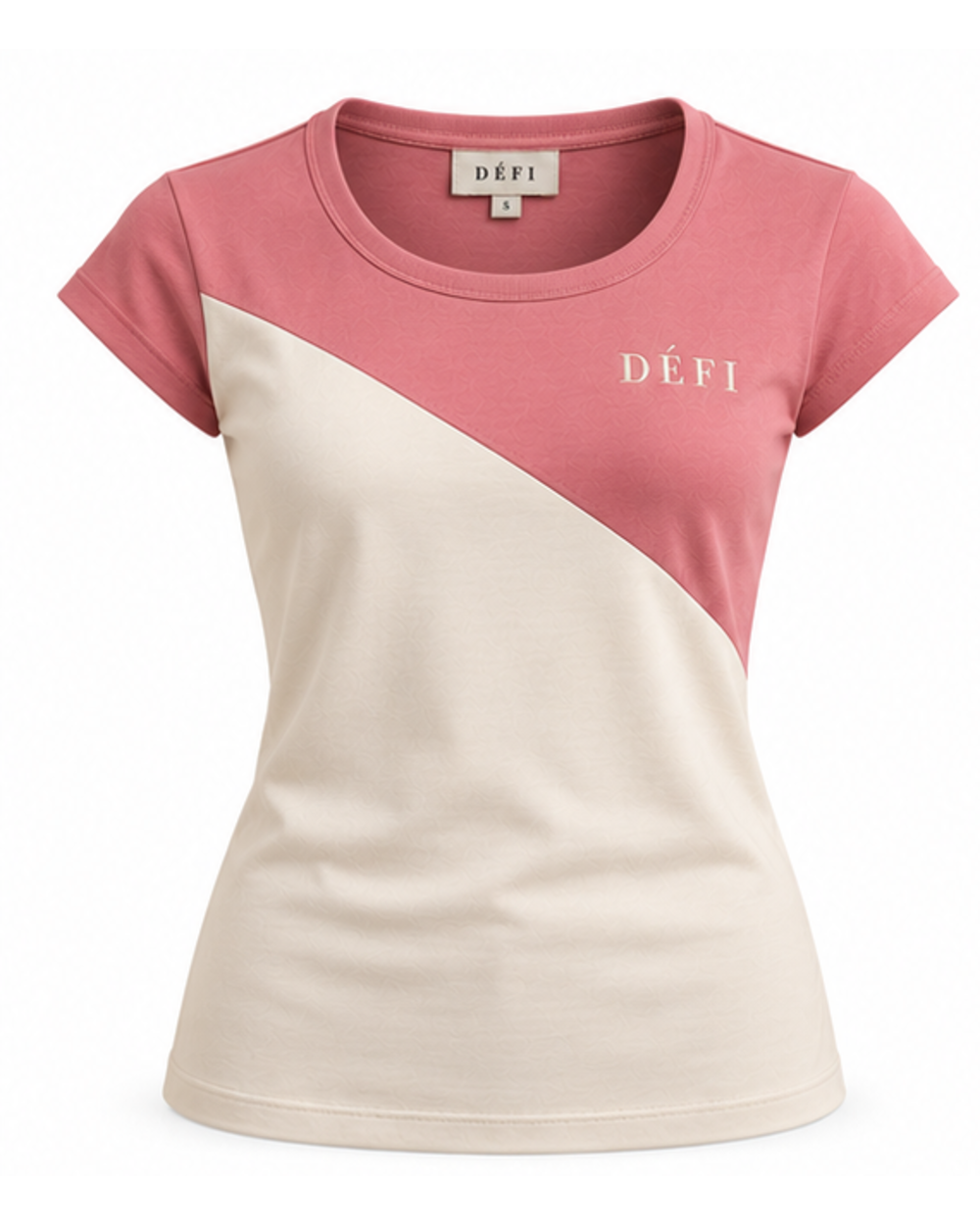 Défi Petal women's cap sleeve T-shirt in dusty coral pink and warm cream, front view