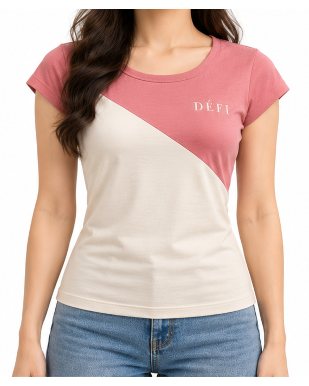 Défi Petal women's cap sleeve T-shirt in dusty coral pink and warm cream, front fit view