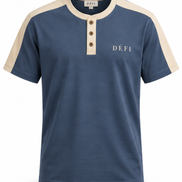 Défi Quay men's Henley T-shirt in slate blue and warm ivory, front view