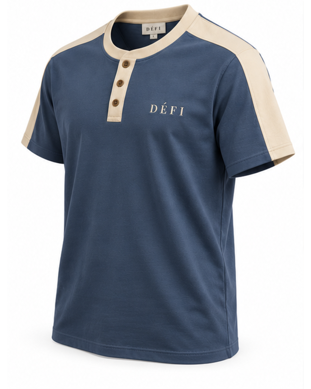 Défi Quay men's Henley T-shirt in slate blue and warm ivory, angled side view