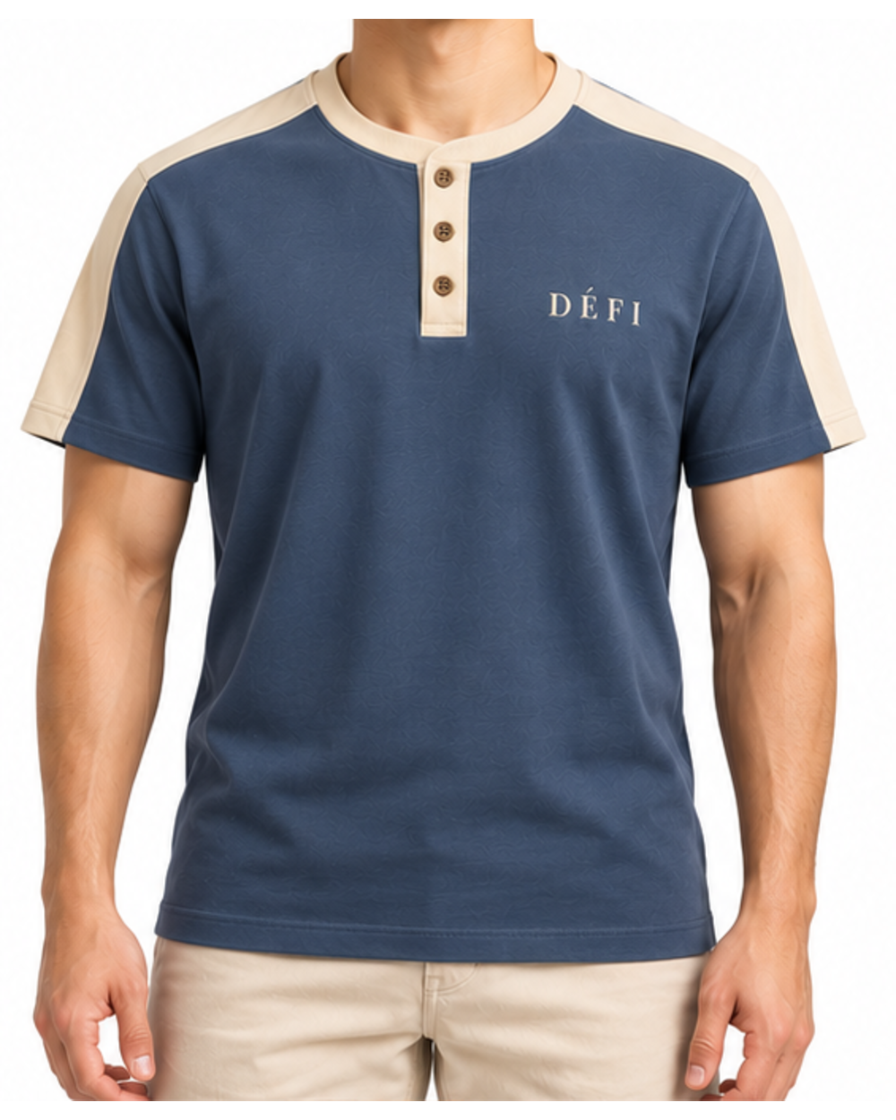 Défi Quay men's Henley T-shirt in slate blue and warm ivory, front fit view