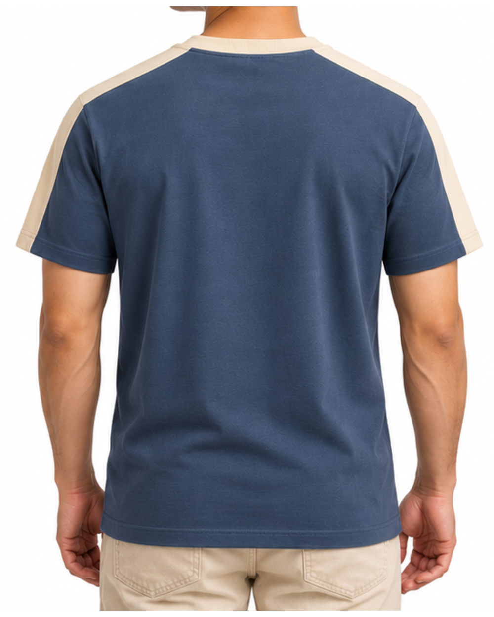 Défi Quay men's Henley T-shirt in slate blue and warm ivory, back fit view