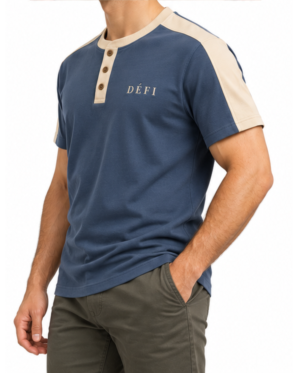 Défi Quay men's Henley T-shirt in slate blue and warm ivory, side fit view
