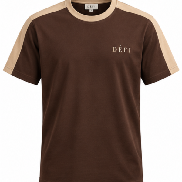 Défi Saddle men's interlock T-shirt in deep espresso brown and sand beige, front view