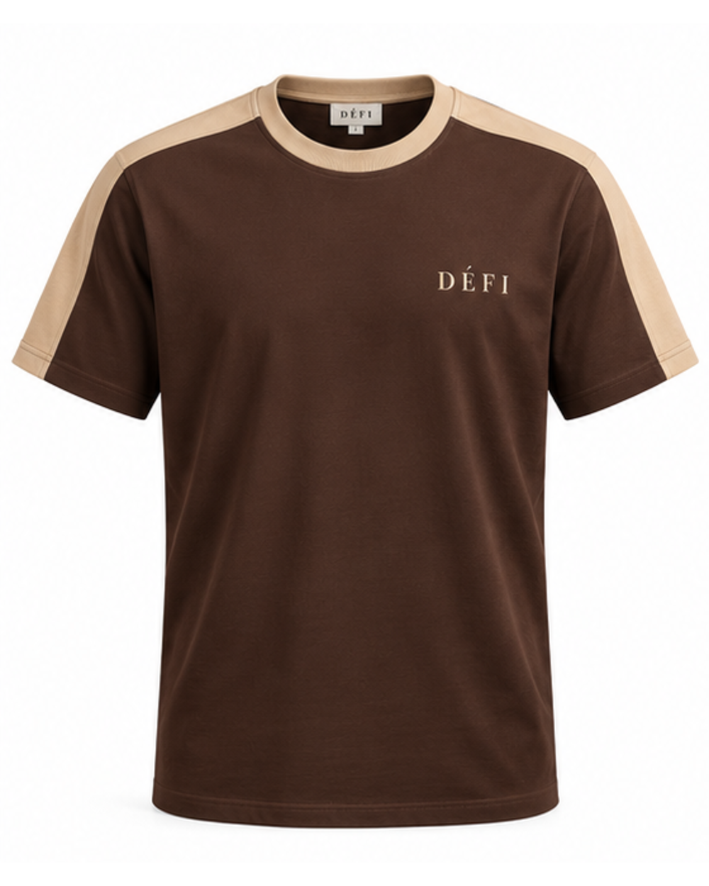 Défi Saddle men's interlock T-shirt in deep espresso brown and sand beige, front view