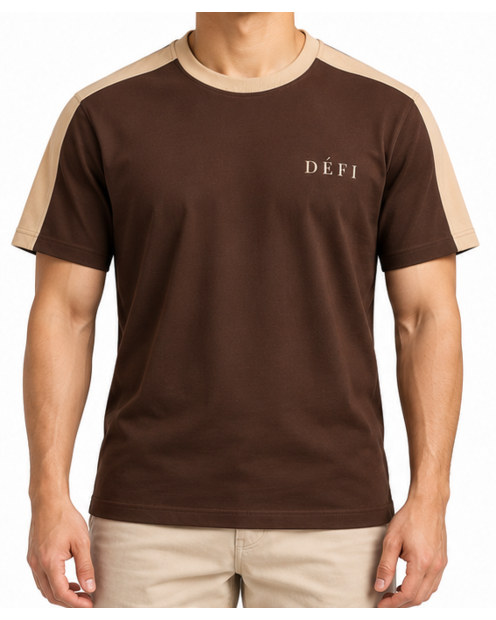 Défi Saddle men's interlock T-shirt in deep espresso brown and sand beige, front fit view