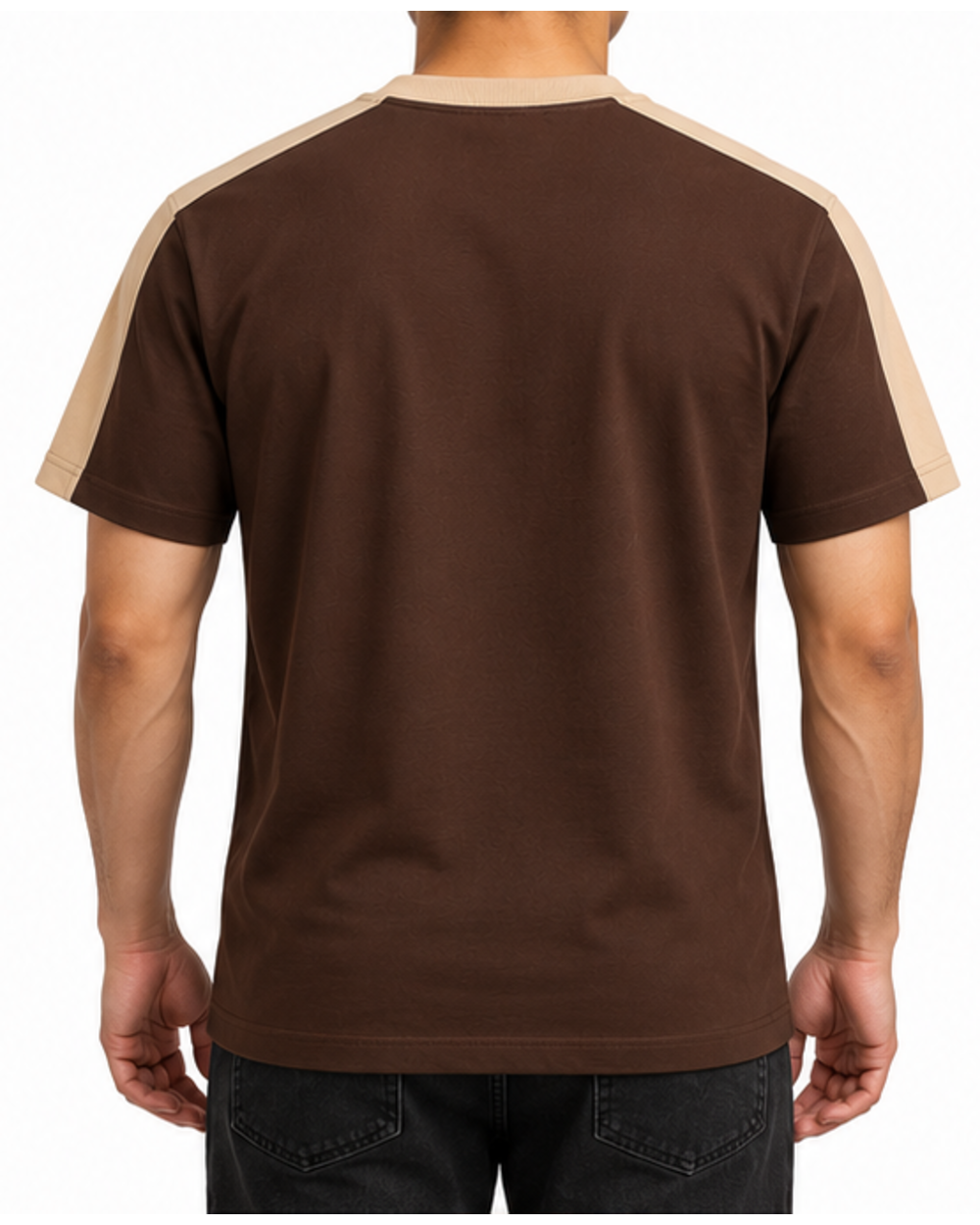 Défi Saddle men's interlock T-shirt in deep espresso brown and sand beige, back fit view