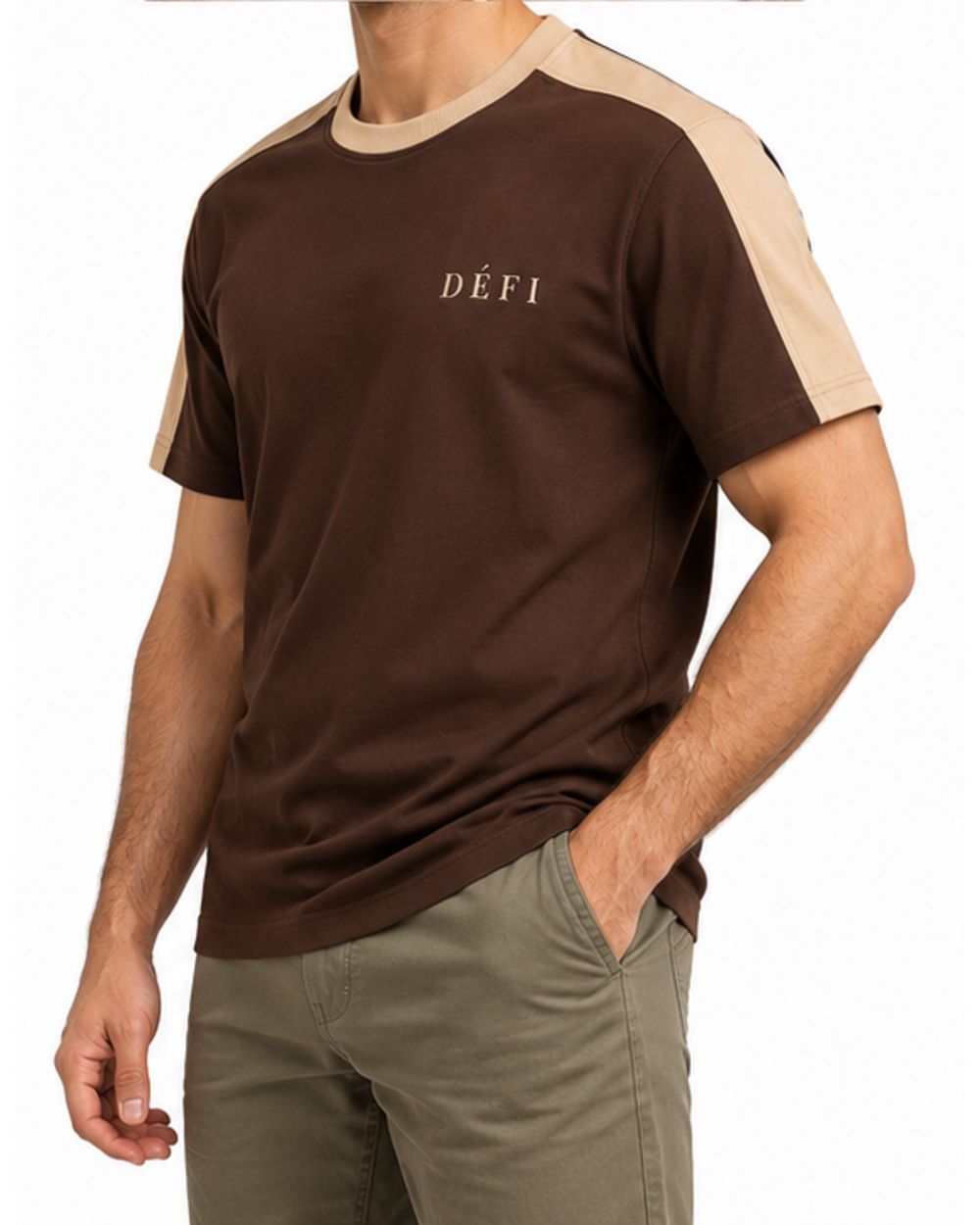 Défi Saddle men's interlock T-shirt in deep espresso brown and sand beige, side fit view