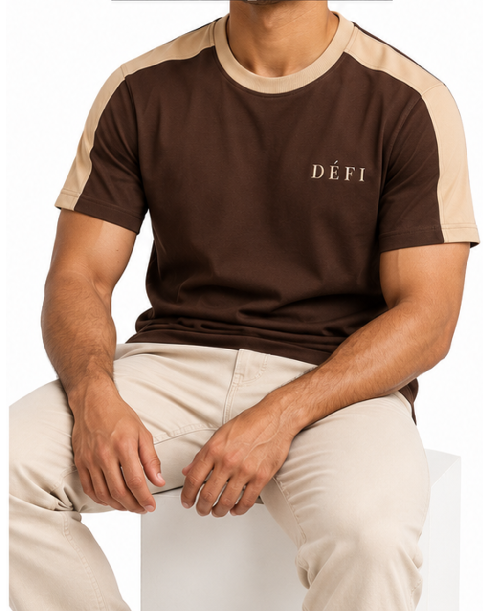 Défi Saddle men's interlock T-shirt in deep espresso brown and sand beige, fit view, second angle