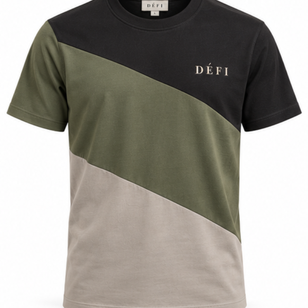Défi Slope men's colorblock T-shirt in graphite black, muted olive green and stone gray, front view