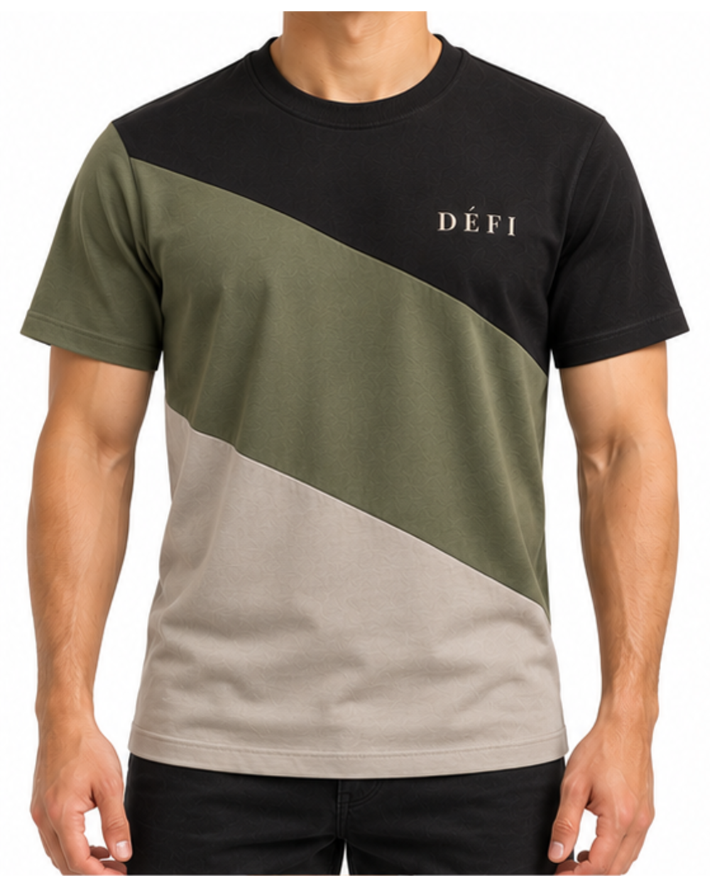Défi Slope men's colorblock T-shirt in graphite black, muted olive green and stone gray, front fit view