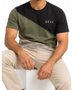 Défi Slope men's colorblock T-shirt in graphite black, muted olive green and stone gray, fit view, second angle